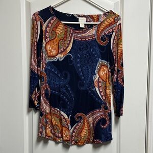 Chico's Navy and Orange Paisley Blouse